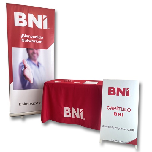 KIT REUNION PRESENCIAL
Roll UP, Mantel, Letrero "A", 5 plumas BNI, 50 etiquetas para visitantes, 1 Block 50 hojas de registro (Roll Up Bienvenida, Rojo con letras blancas)